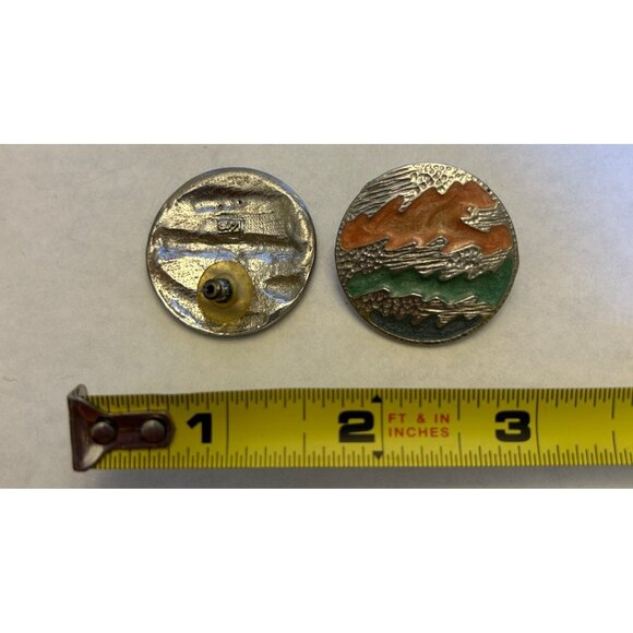 Vintage Round Abstract Enamel Silver-Tone Earrings With Orange & Green Design - Picture 7 of 7